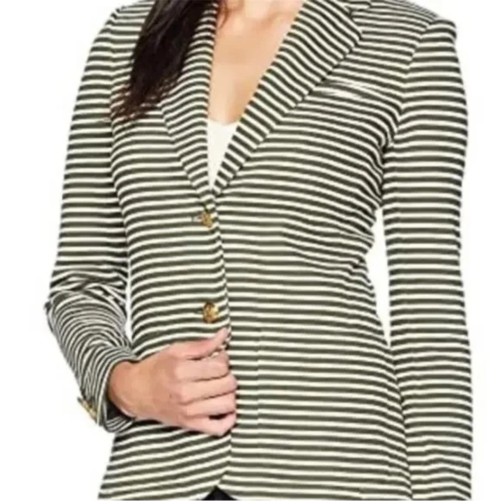 Lauren Ralph Lauren striped knit blazer green white stripe gold-tone buttons M
